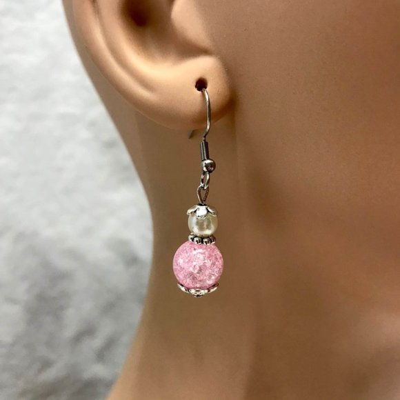 Pink Glass Crackle Beads Imitation Pearl Earrings - Picture 2 of 7